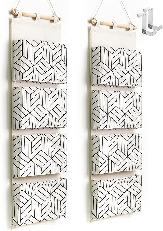 CROWNED 2Pcs Over Door Hanging Storage Bags Wall Mount Closet Organizer, 4 Big Pockets Linen Cotton Fabric Living Room Bedroom Bathroom File Magazine Waterproof Free Hooks White-NeatNest