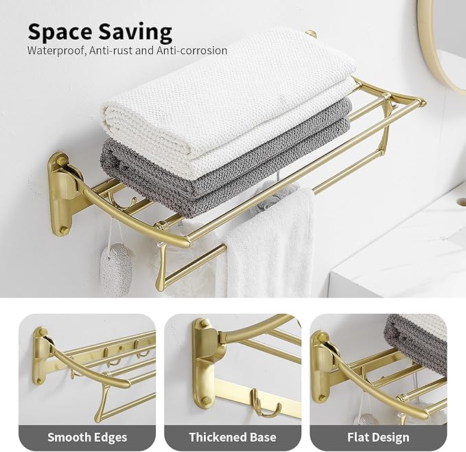 BESy 24 Inch Brushed Gold Towel Racks, Bathroom Towel Shelf with Foldable Towel Bar Holder and Towel Hooks, Wall Mounted Multifunctional Bathroom Accessories, Double Towel Bars-NeatNest