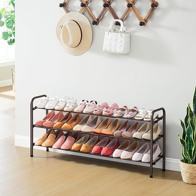3 Tier Shoe Organizer, Shoe Rack for Closet, 28“ Metal Shelf Can Expandable to 42“, for Bedroom, Entryway, Closet, Garage, Adjustable to 18 Pairs Shoes, Brown-NeatNest