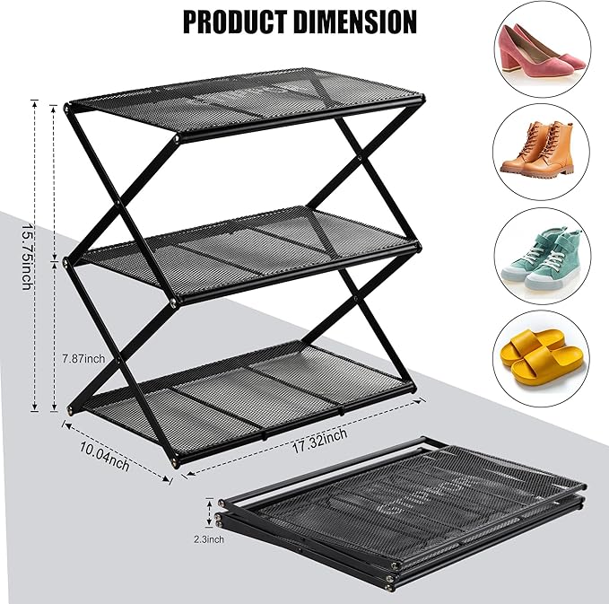 Small Shoe Rack for Entryway - 3 Tier Shoe Organizer Metal Foldable Shoes Storage Rack, Zero Tool Install, Sturdy Shoe Rack for Closet, Front Door Entrance, Living Room - Space Saving, Black-NeatNest