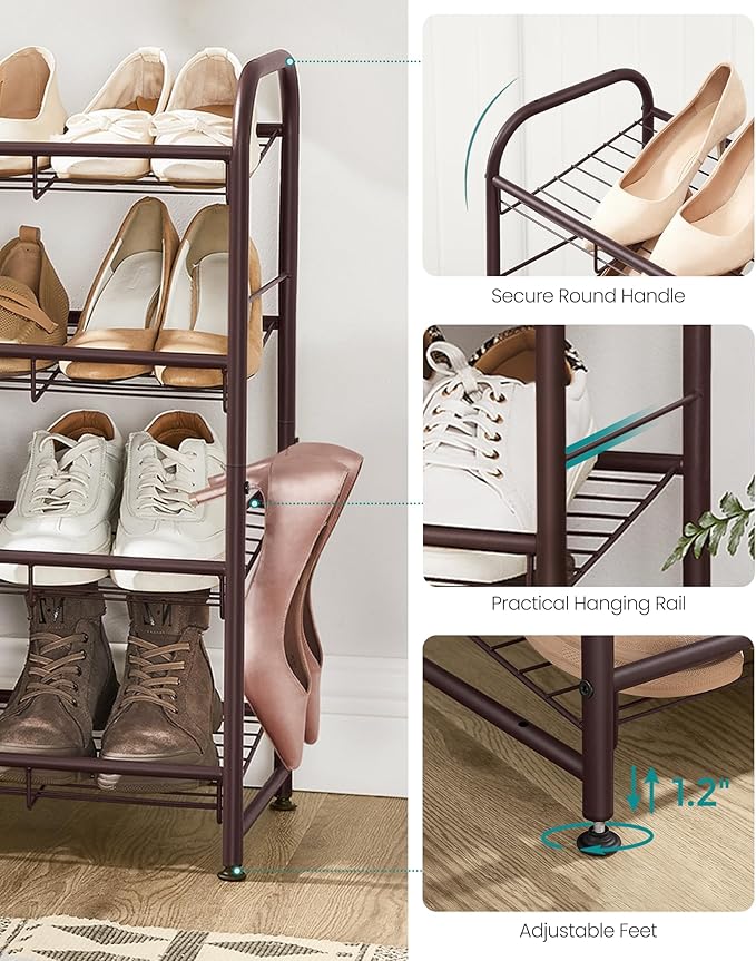 SONGMICS Stackable Shoe Rack, 4 Tier Metal Shoes Rack Storage Shelf, Holds up to 20 Pairs Shoes, Adjustable Slanted Shelves Tower Organizer for Closet Entryway Small Spaces, Bronze-NeatNest