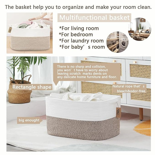 COMFY-HOMI Large Laundry for Organizing|Rectangle Cotton Rope Storage with Handles|Blanket for Living Room|Woven Laundry for Towels, Toys, Clothes-22x15x12”-White/Brown-NeatNest