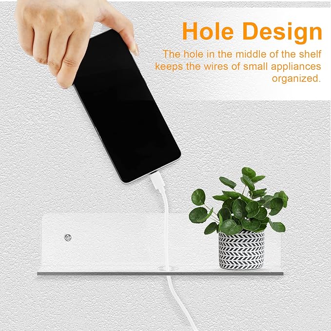 9 Inch Clear Acrylic Floating Shelf, No Drill Adhesive Wall Shelf Set of 2 for Storage, Floating Shelves Damage-Free Expand Wall Space for Living Room, Office, Gaming Room, Bathroom