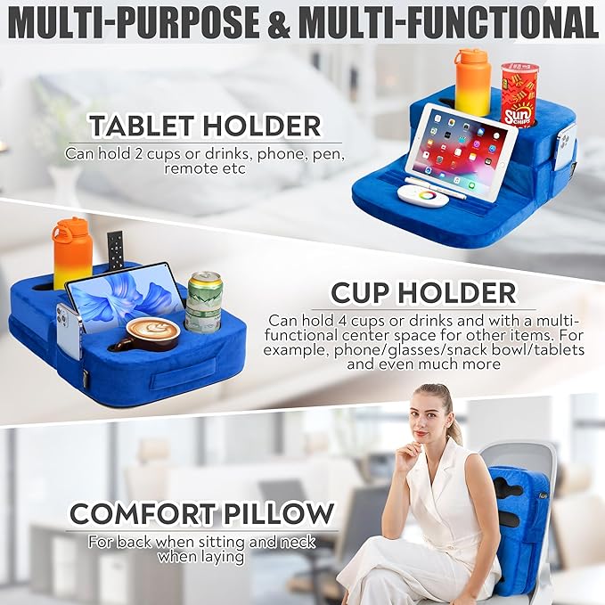 Couch Cup Holder Tray Pillow - Bed, Couch Caddy, Sofa, RV & Car - Holds Drinks, Snacks, Remotes, Phones, Kindle, Tablet | Bed Cup Holder (Blue)-NeatNest