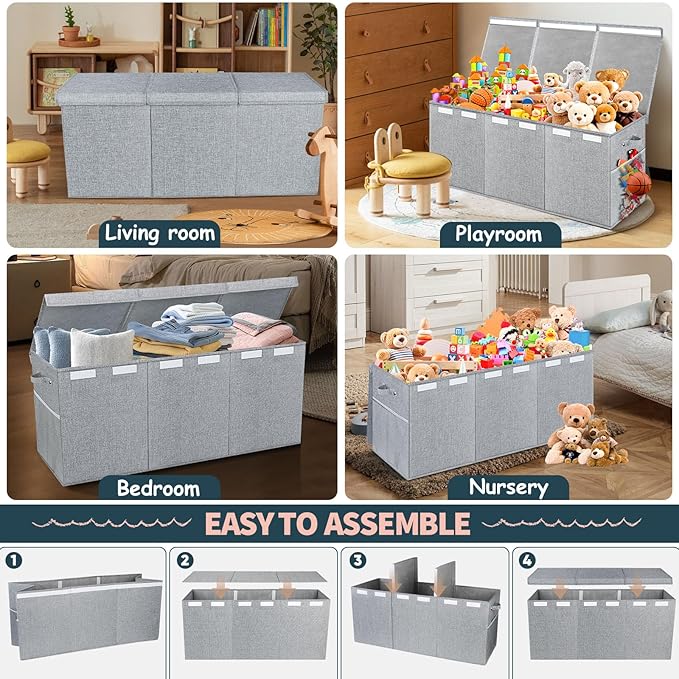 Extra Large Toy Box with Lids - Sturdy Collapsible Kids Storage Organizer Big Bin Chest Basket with Dividers for Boys Girls, Bedroom, Nursery, Living Room, Playroom Organization, 38"x16"x14", Gray