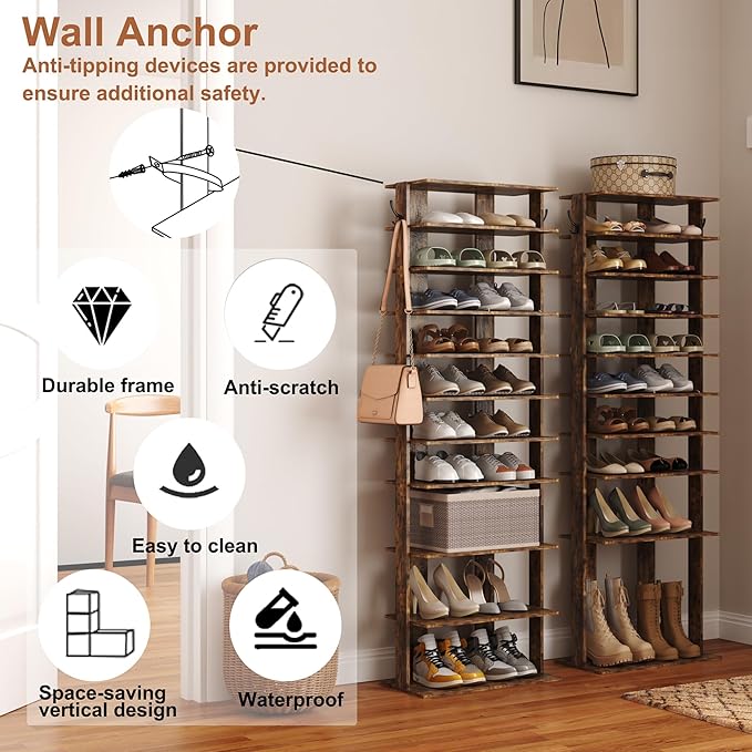 HOMEFORT 10-Tier Vertical Shoe Rack, Corner Shoe Tower, Double Rows 10 Tiers Shoe Shelf, Slim Shoe Storage Unit for 20 Pairs of Shoes, Shoe Stand for Entryway, Hallway, Closet (Rustic Brown)-NeatNest