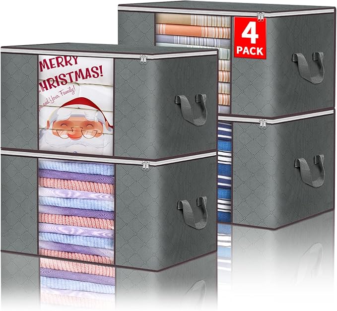 Budding Joy Clothes Storage, Foldable Large Storage Bags, Storage and Organization for Clothing, Blanket, Comforter, Clothes, Pillows, Toys, Closet Organizers with Enhanced Handle, 60L 4 Pack-NeatNest