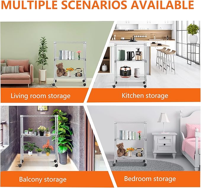 BestOffice 3-Tier Adjustable Wire Shelving Storage Shelves Heavy Duty Shelving Unit with Wheels for Small Places Kitchen Garage Balcony,Chrome-NeatNest