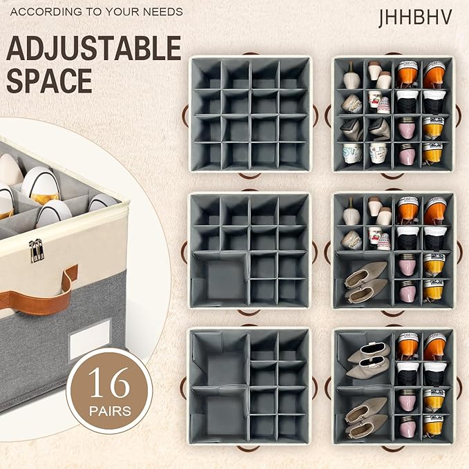 2 Pack Shoe Organizer for Closet, Adjustable Shoe Box Storage Containers, Large Foldable Shoe Bins with Clear Cover, Space Saving Shoes Holder with 4 Handles, Fits 16-32 Pairs, Beige-NeatNest