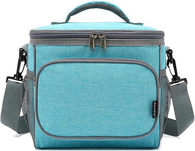 FlowFly Insulated Reusable Lunch Bag Adult Large Lunch Box for Women and Men with Adjustable Shoulder Strap,Front Zipper Pocket and Dual Large Mesh Side Pockets,SeaBlue-NeatNest