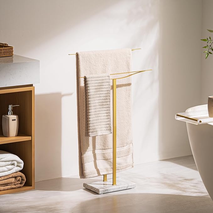 Bathroom Towel Rack Freestanding Floor Stand: Gold 33in 2‑Bar Weighted Marble Base Towel Holder, Rustproof 304 Stainless Steel Drying Rack for Bath&Hand Towels, No‑Drill Slim Organizer, Spa Pool