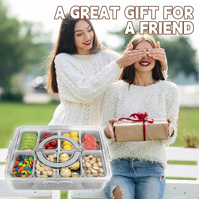 Divided Serving Tray with Lid and Handle,8 Compartments Snacks Box,Snack Fruit and Veggie Tray,Portable Platter for Candy Fruits Nuts Snack Party Entertaining Picnic (2 PCS Grey)-NeatNest