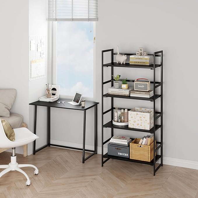BHG Vintage Multifunctional Folding Bookshelf, No-Assembly Plant Stand Storage Rack Shelves for Home Office (All Black, 4-Tier)-NeatNest