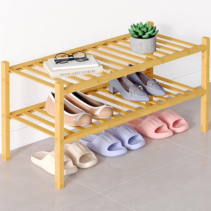 Smiry Bamboo Shoe Rack for Closet, 2 Tier Wooden Stackable Shoe Organizer, Free Standing Shoes Storage Shelf for Entryway, Front Door Entrance, Natural-NeatNest