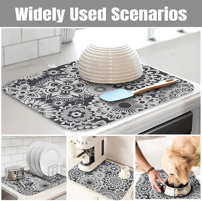 Dish Drying Mat for Kitchen Counter Large 16" x 18" Mandala Absorbent Microfiber Dishes Drainer Rack Mats Pad Reusable Washable
