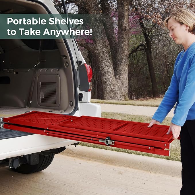 DEANIC 4 Tier Foldable Storage Shelves with Wheels, Large Capacity Shelving Unit, Freestanding Metal Wire Shelf Rack, No Assembly Organizer Rack for Garage Kitchen, Basement(Red)-NeatNest