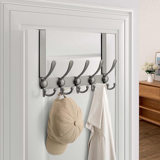 Dseap Over Door Hook 2.0 - Upgraded Version - Simple-Assembly, Strong, Heavy-Duty Stainless Steel 5-Tri-Hook Over The Door Hanger Rack, SimpleStrong Series, Grey, Pack of 2