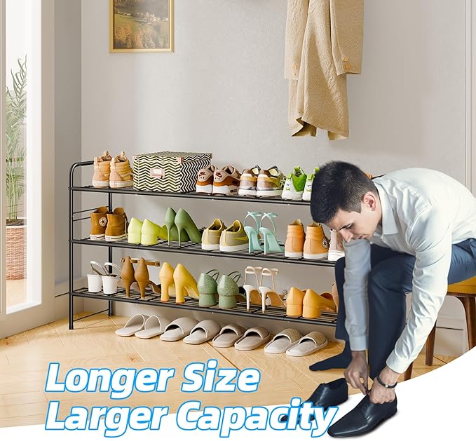 3 Tier Shoe Rack for Closet, 46.5 Inch Extra Long Shoe Storage Organizer for Shelves, Heavy Duty Metal, Easy Assembly, Black-NeatNest