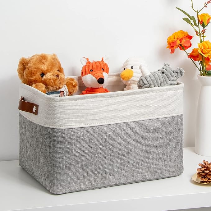 DULLEMELO Collapsible Rectangle Storage Basket for Shelves/Closets - Organize Clothes, Toys, Towels, Books, Laundry, Nursery, Dog Toys - Empty (White & Gray)-NeatNest