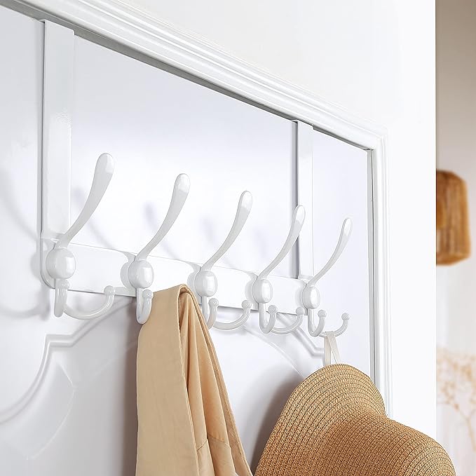 Dseap Over The Door Hook Hanger - 5 Tri Hooks, Heavy Duty Over The Door Towel Rack Coat Rack for Clothes Jacket, Hat Towel, White