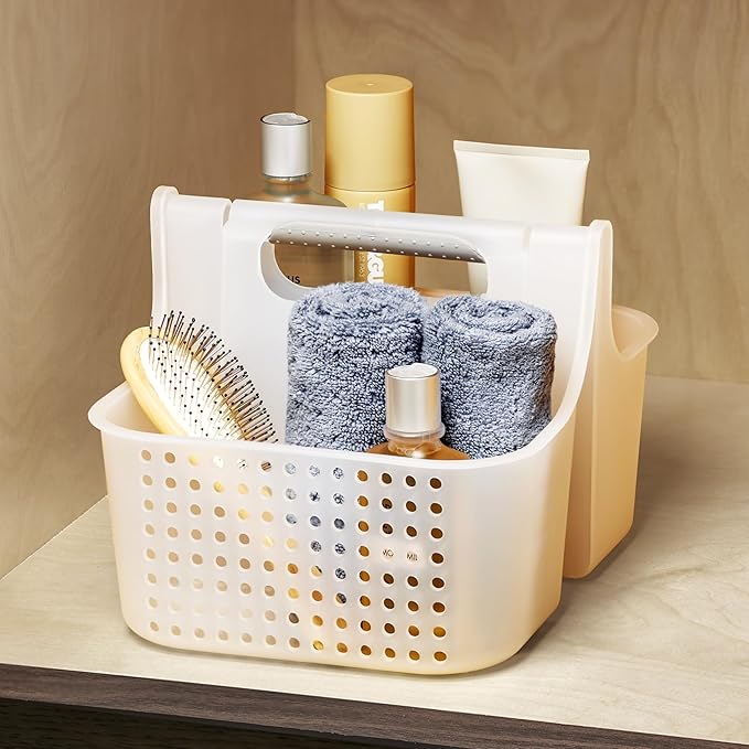 Madesmart 2-Compartment Soft Grip Shower Tote for Bathroom Organization, Plastic Storage Shower Caddy Bucket, Large, Frost