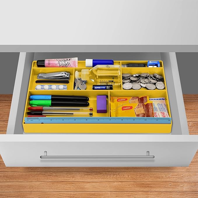 Acrimet Desk Drawer Organizer Tray with 8 Compartments – Multi-Purpose Bin for Office Supplies, Makeup, and Accessories – Fits inside Drawers or Desktops, 12.75" x 8" x 1.06" (Plastic) (Yellow Color)-NeatNest