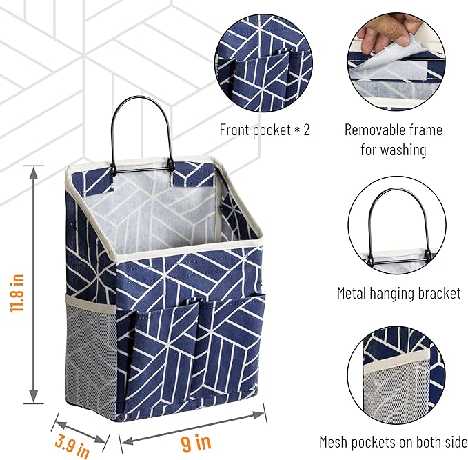 2pcs Wall Hanging Storage Bag, Small Door Closet Linen Fabric Pockets Organizer, Waterproof Multi Functional for Living Room Bedroom Bathroom Kitchen RV Camper with Hooks Pattern Navy-NeatNest
