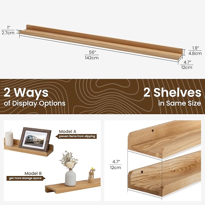 Floating Shelves for Wall | Picture Ledge Shelf Set of 2 | Solid Ash Wood Floating Shelves with Lip | 55 Inch Natural Wood Picture Shelf for Wall with Ledge | Photo Ledge Shelves-NeatNest