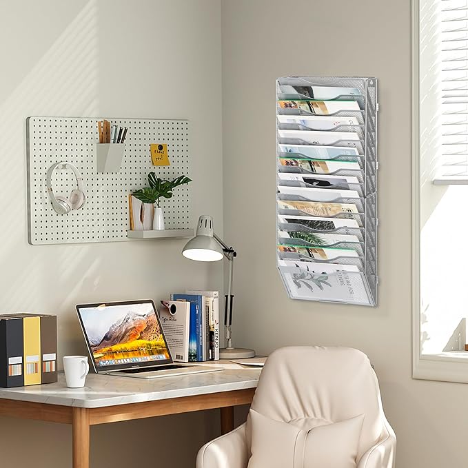 EasyPAG 14 Pocket Wall File Organizer, Silver | Metal Mesh Wall Mounted File Holder | Assembly Hanging Mail Organizer | Replaceable Classify Labels | Office Home Letter Size Paper Storage