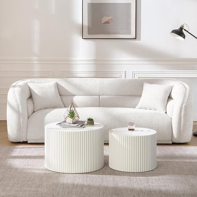 KEVINSPACE Round Coffee Table Set of 2 Nesting CoffeeTable Modern for Living Room, Round End TableSet, Wooden Circle Side Table No Need Assembly Accent Furniture for Bedroom Balcony Lounge White