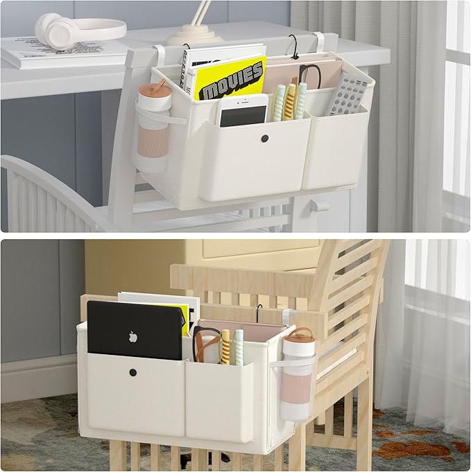 Bedside Caddy Bedside Organizer with Fixed Straps & Water Bottle Holder, Bunk Bed Caddy ideal for Home, Dorm, Hospital, Crib, Versatile Bedside Storage Solution (White 2pcs)-NeatNest