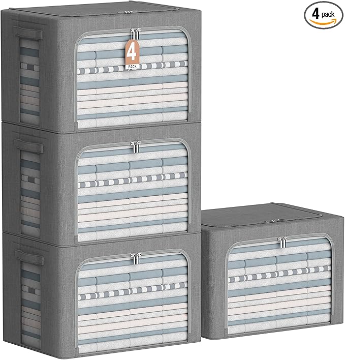 4 Pack Clothes Storage Bins with Metal Frame - Linen Fabric Foldable Stackable Container Organizer Set with Clear Window & Carry Handles & Zippers (Dark Gray, 23.6"x16.5"x15.7")-NeatNest