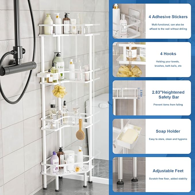 FJNATINH Corner Shower Caddy - 4 Tier Shower Organizer Corner Shelf Stand, Stainless Steel Standing Tall Floor Shower Shelf Rack Storage Stands for Bathroom Balcony Kitchen, No Drilling Shelves, White