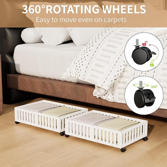 Bamboo Under Bed Storage with Wheels (2-Pack) – Rolling Underbed Shoe Organizer Box for Shoes, Blankets, Toys, Clothes Container Space-Saving Organizer Bins for Bedroom, Closet, Dorm, Nursery-NeatNest