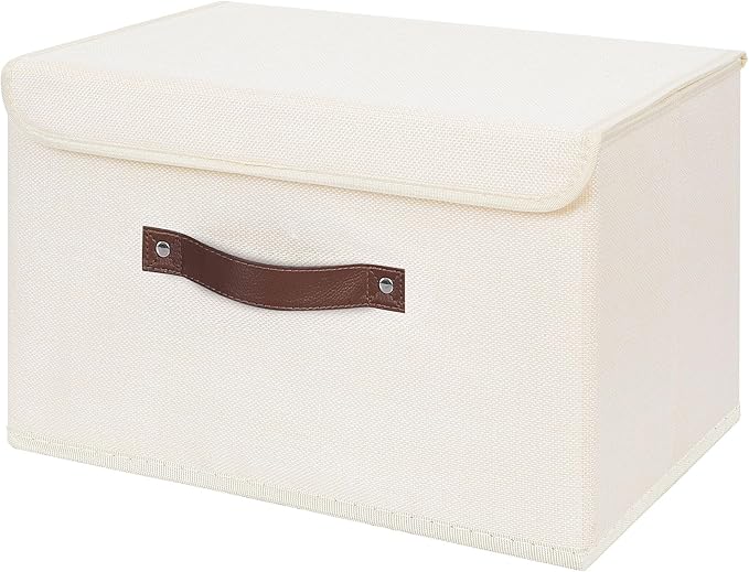ANMINY Storage Bin with Lid Storage Boxes with PU Leather Handles PP Plastic Board Decorative Foldable Lidded Cotton Linen Fabric Home Cubes Baskets Closet Organizer Container - Beige, Large Size-NeatNest