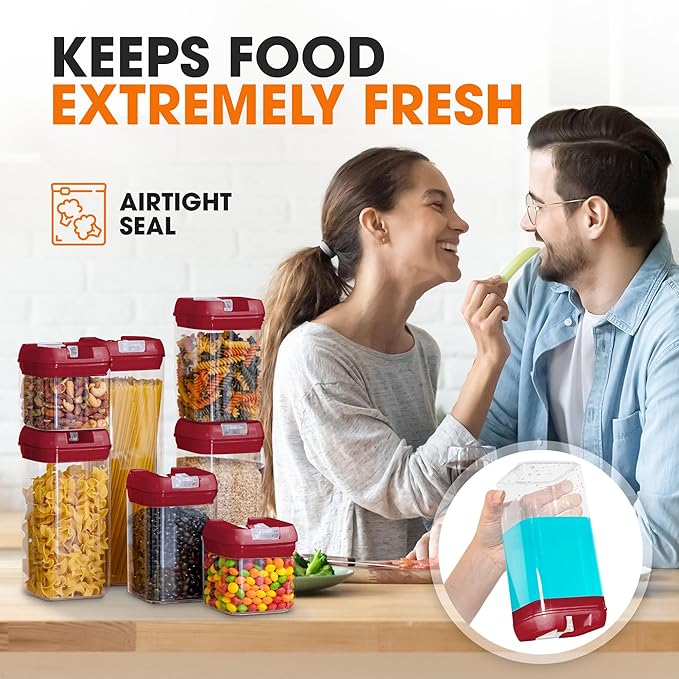 Cheer Collection Airtight Food Storage Containers – Set of 7 Stackable Pantry Organizers with Secure Lids, Kitchen Containers for Dry Goods, Flour, Sugar & More, Red