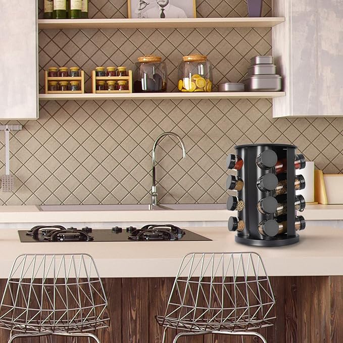 Black Countertop Rotating Spice Rack,Round Empty 16-Jars Revolving Spice Rack Organizer, 135 Spice Labels with Funnel Complete Set, for Kitchen Countertop, Cabinet-NeatNest