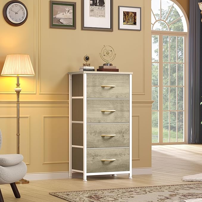 DWVO Dresser with 4 Drawers - Fabric Storage Tower, Organizer Unit for Room, Hallway, Hallway, Closets - Sturdy Steel Frame, Wooden Top & Easy Pull Fabric Bins (Oak Greige)-NeatNest