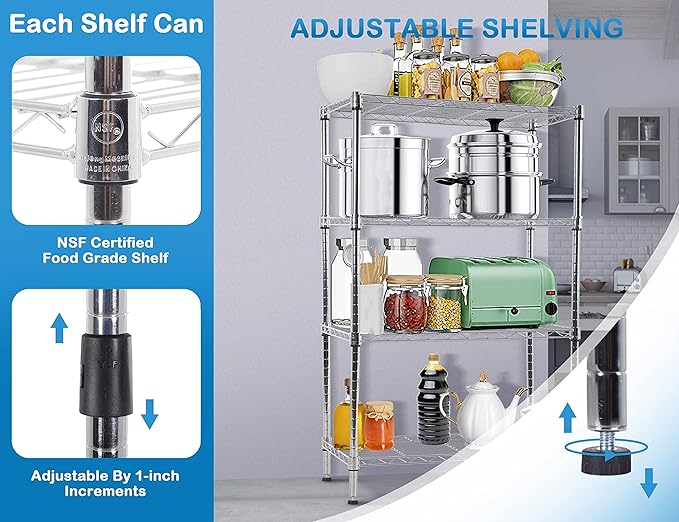 4-Tier Metal Wire Shelving Unit Kitchen Shelf Organizer Storage Rack Utility Snack Shelf, NSF Certified Shelves for shelves Pantry