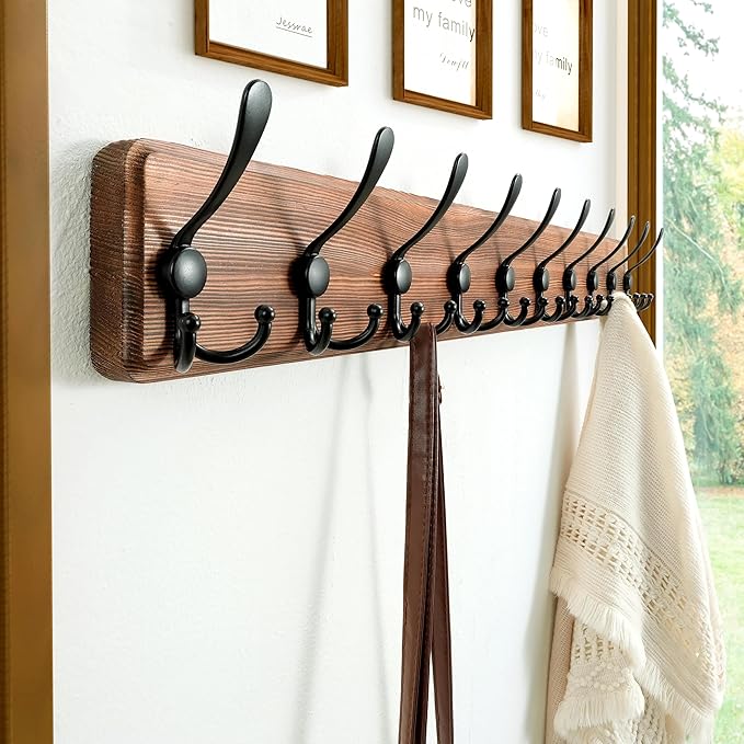 Dseap Coat Rack Wall Mounted - 10 Tri Hooks, 38-1/4" Long, Heavy Duty Wooden Wall Coat Hanger Coat Hook for Clothes Hat Jacket Clothing, Natural & Black, 2 Packs