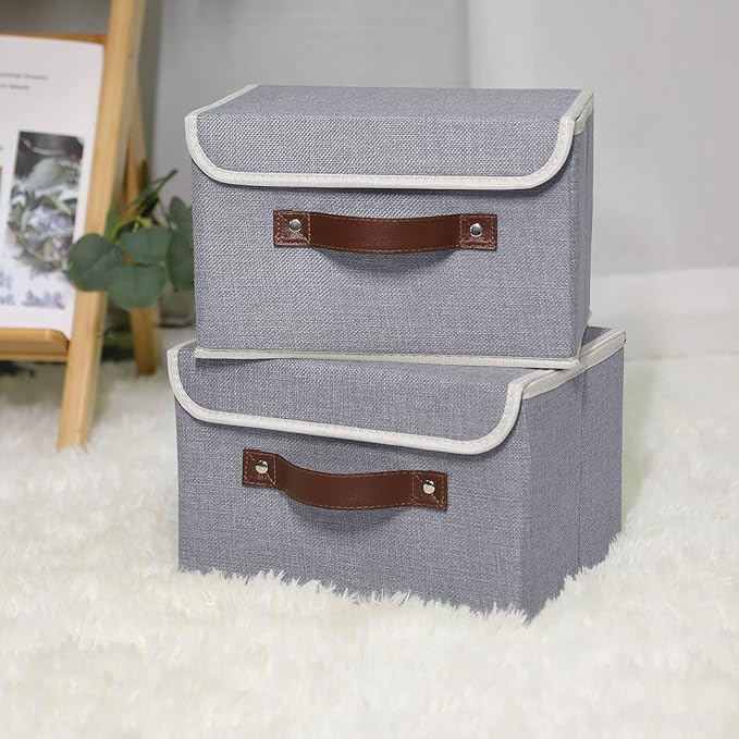 ANMINY 2PCS Storage Bins with Lid PU Leather Handles Storage Boxes PP Plastic Board Decorative Foldable Lidded Cotton Linen Fabric Home Cubes Baskets Closet Organizer Containers - Gray, Small Size-NeatNest