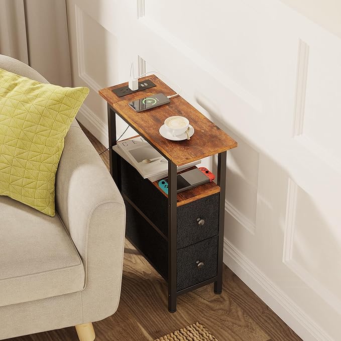 End Table with Charging Station, Narrow Side Table with 2 Fabric Drawers, Skinny Nightstand with LED Light, Slim Bedside Table for Bedroom, Living Room, Small Spaces, Rustic Brown and Black