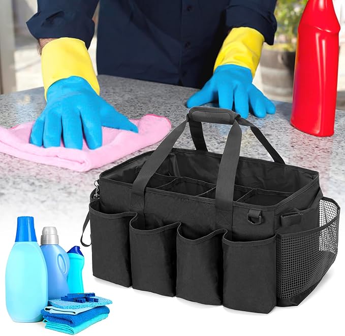 Extra-Large Cleaning Caddy, Organizer with Handles for Cleaning Tools & Products Storage, Large Capacity Tote Bag for Car, Home & Housekeeping Work, Black