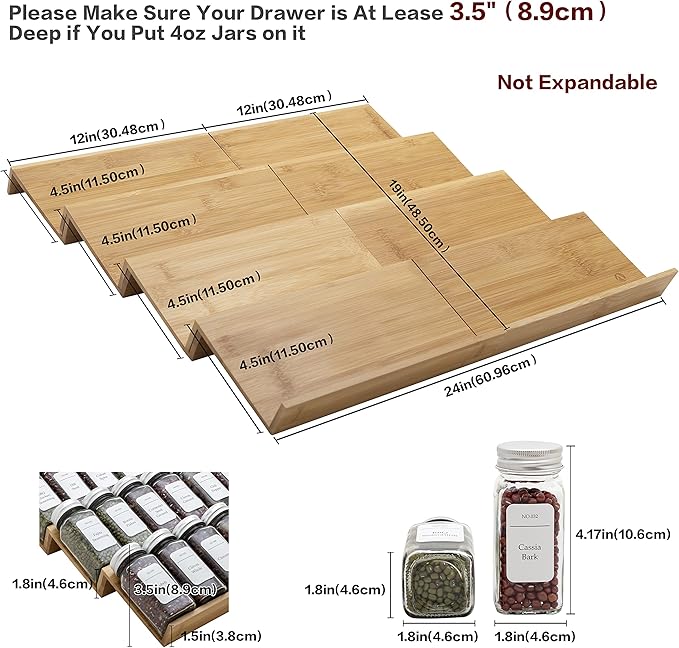 Bamboo Spice Rack Drawer Organizer - 8 Piece Set - 12" Wide, Combine Into 24" Rack (12" or 24")-NeatNest