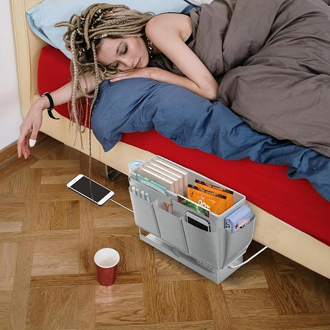 Bedside Caddy, Bed Organizer with 11 Pockets and Power Strip Holder,Versatile Bedside Storage Caddy for Home,Dorm,Bunk,Hospital,Crib Bed (Grey)-NeatNest