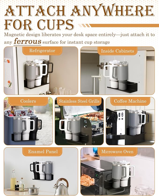 2 Pack Strong Magnetic Cup Holder for Fridge, Magnetic Cups Holder for Metal Surface, Organizer for 30&40 oz Water Bottle Tumblers, Metal Cabinet Cup Storage Racks, Tumbler Organizer Accessories