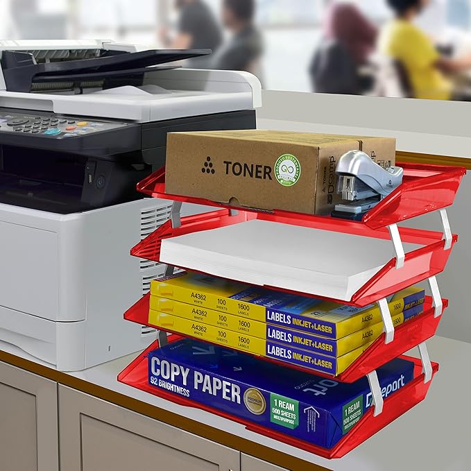Acrimet Facility 4 Tier Letter Tray, Side Load, Letter Size/A4, Desktop File Organizer, Plastic (Clear Red)-NeatNest