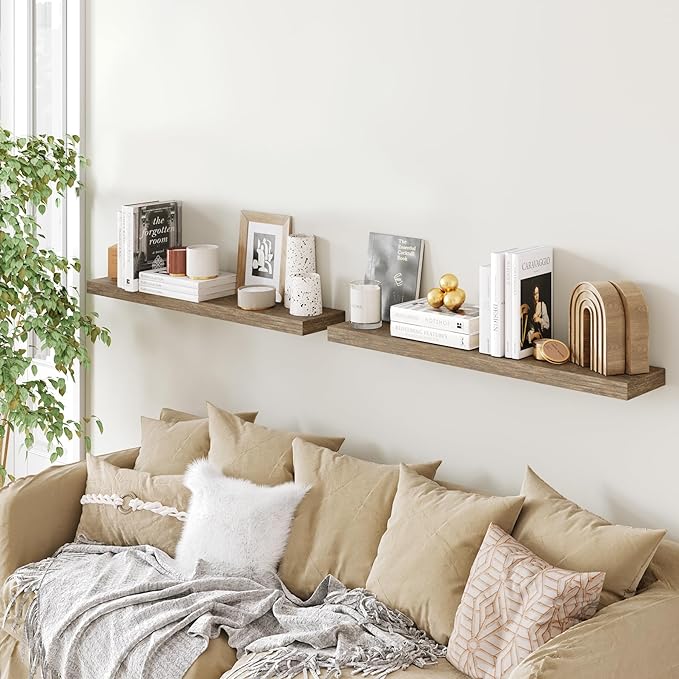 BAMEOS Floating Shelves,Wall Mounted Wooden Shelves with Invisible Brackets Set of 2, Hanging Wall Shelves Decoration for Bedroom, Bathroom, Living Room and Kitchen-NeatNest