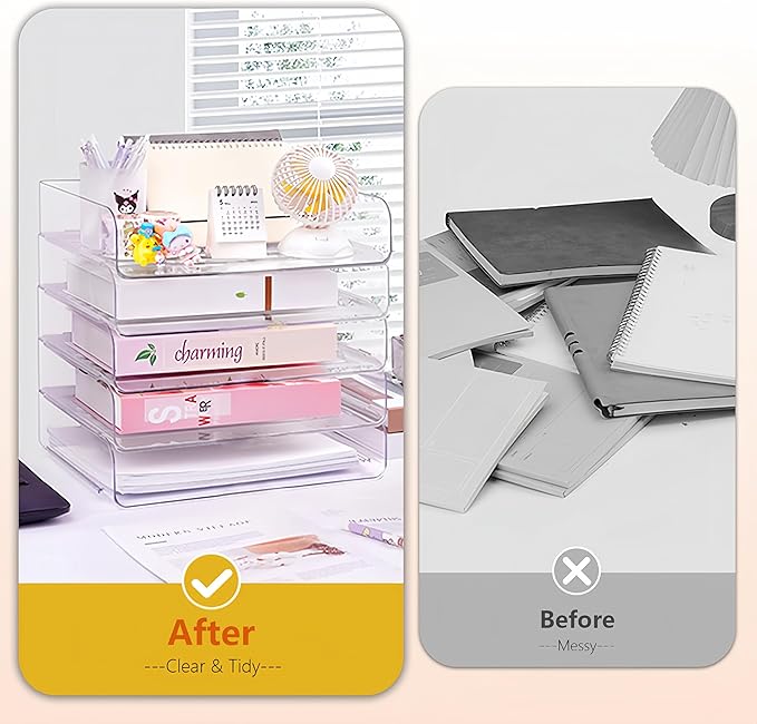 Desk Organizer, Stackable Paper Letter Tray, Office Desktop File Paper Holder, Book Storage Rack (Clear, 2 x Wide Entry)-NeatNest