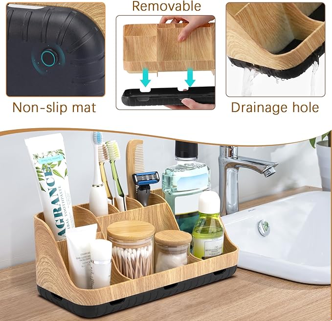 Bathroom Organizers and Storage - Detachable 7 Slots Kids Electric Toothbrush and Toothpaste Holde Drainage for Bathroom Accessories Organization Counter Vanity Storage, Wood-NeatNest